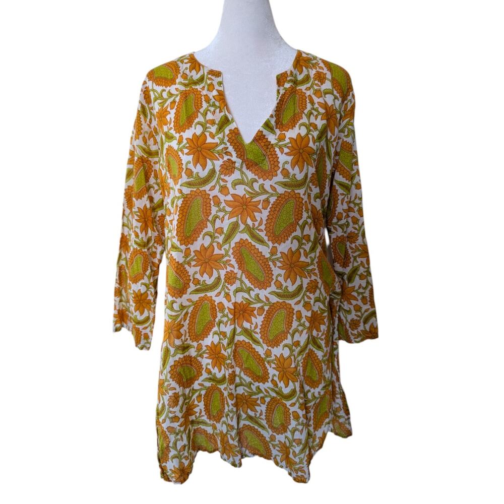 Indian Boho Block Print Orange Floral Cotton Tunic Small